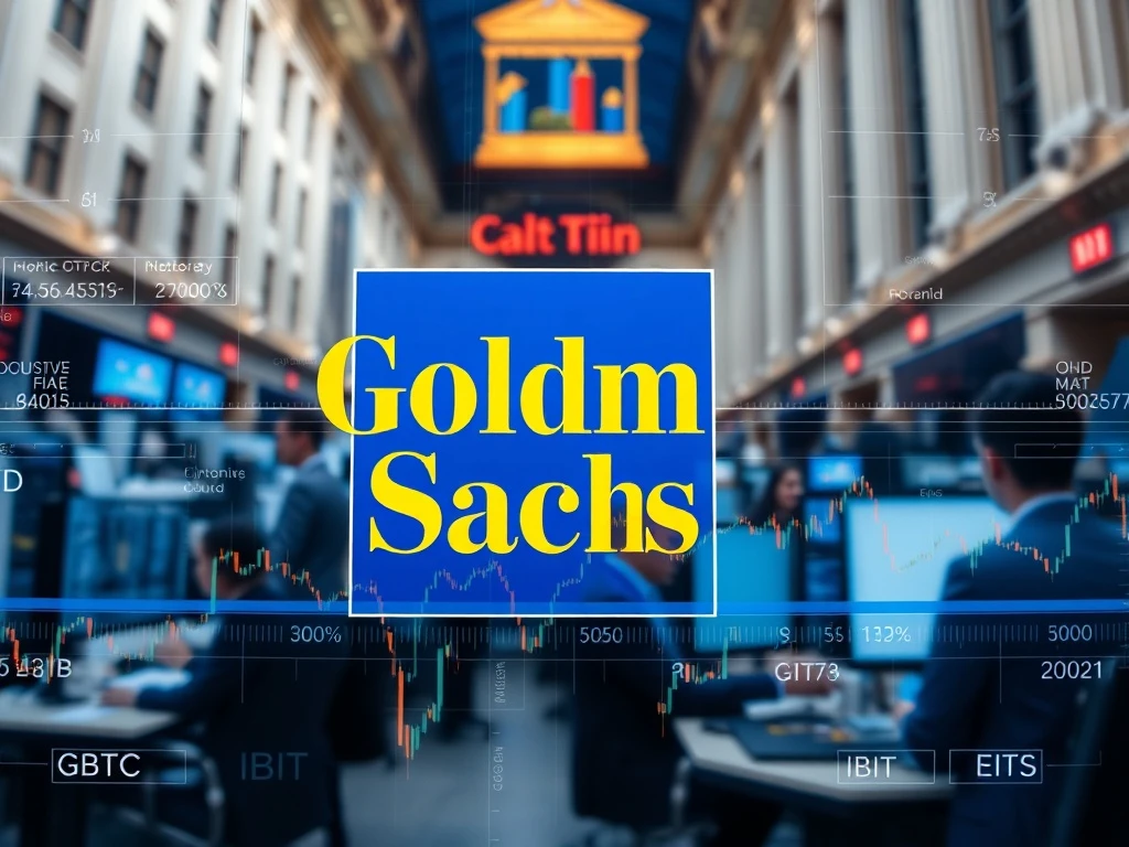Goldman Sachs crypto exposure strategy through regulated spot Bitcoin ETFs on Wall Street trading screens