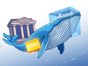 Massive 400 million USDT whale transfer from HTX exchange to Aave DeFi platform visualized as blockchain movement
