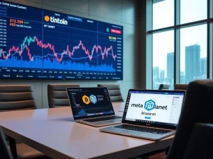 Corporate Bitcoin strategy meeting analyzing Metaplanet's 95% crypto revenue and ETF market impact