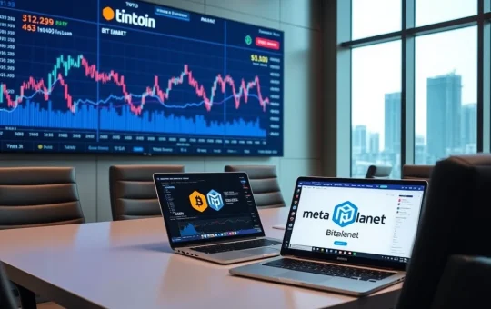 Corporate Bitcoin strategy meeting analyzing Metaplanet's 95% crypto revenue and ETF market impact