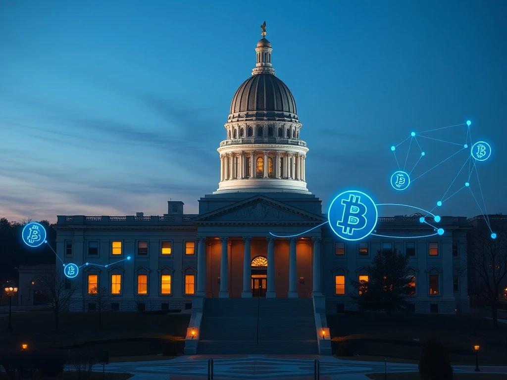 Missouri State Capitol with digital Bitcoin elements representing the new state cryptocurrency reserve legislation