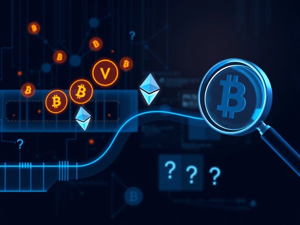 Illustration of privacy coins flowing through crypto laundering pipeline after blockchain hacks