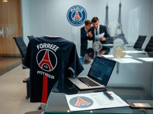 Paris Saint-Germain Bitcoin treasury strategy meeting in modern boardroom with financial charts