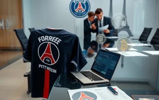 Paris Saint-Germain Bitcoin treasury strategy meeting in modern boardroom with financial charts
