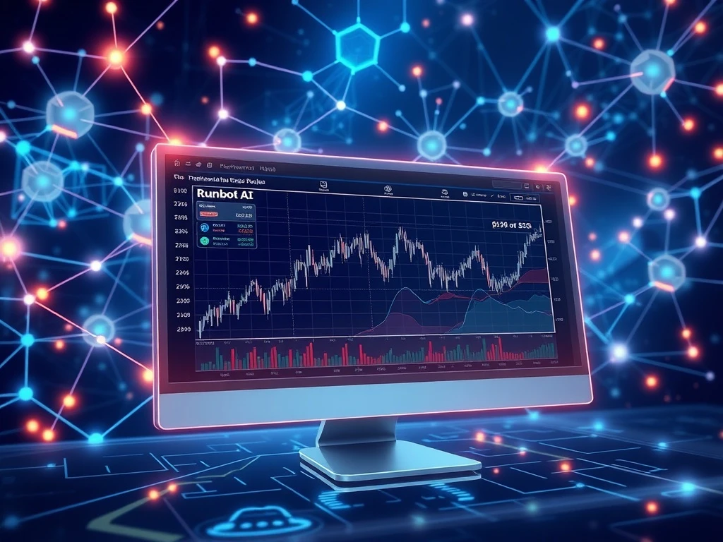 Runbot AI automated trading platform interface with AI and blockchain technology visualization