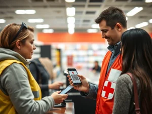 Spanish Red Cross volunteer demonstrates privacy-first blockchain aid platform using smartphone QR code