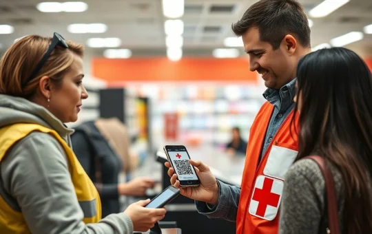 Spanish Red Cross volunteer demonstrates privacy-first blockchain aid platform using smartphone QR code