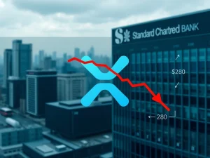 Standard Chartered bank cuts XRP price target to $2.80 for 2026, showing revised cryptocurrency forecast.