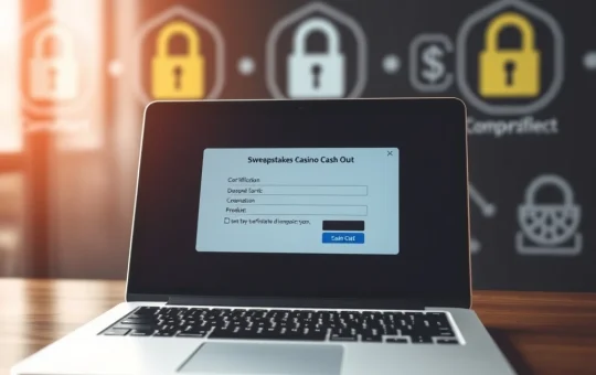 Secure sweepstakes casino verification process requiring SSN or ID for player cash-out and compliance.