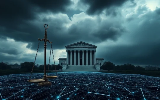 Legal scales over a crumbling blockchain representing the Terraform estate lawsuit against Jane Street for insider trading.