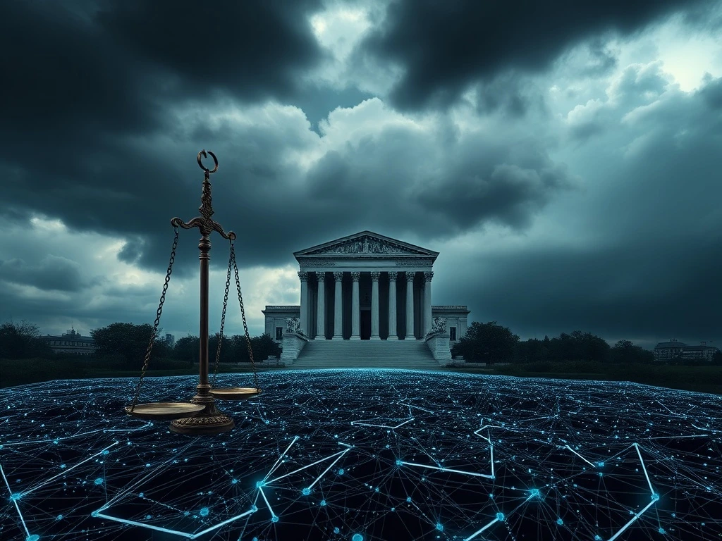 Legal scales over a crumbling blockchain representing the Terraform estate lawsuit against Jane Street for insider trading.