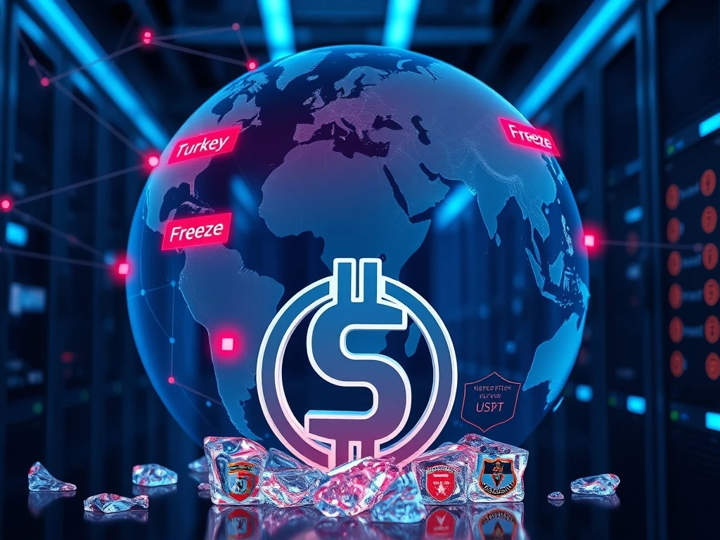 Global map visualization of Tether's USDT freeze operations across 62 cooperating countries.