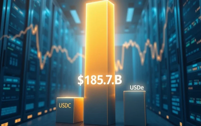 Tether USDt achieves a record $187 billion market capitalization, towering over other stablecoins during a market downturn.