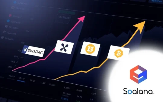 Analysis of top cryptos right now showing growth: BlockDAG, XRP, Dogecoin, and Solana charts.