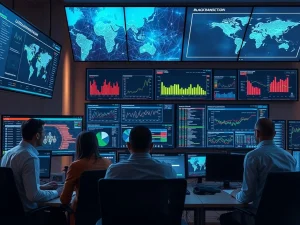 Blockchain forensics team analyzing TRM Labs data visualization screens for crypto crime investigation