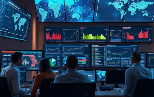 Blockchain forensics team analyzing TRM Labs data visualization screens for crypto crime investigation