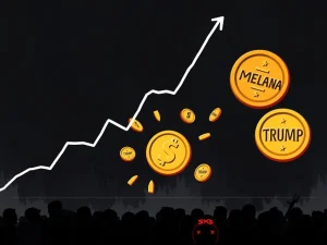 Graphic depicting the catastrophic collapse of Trump-linked memecoins MELANIA and TRUMP, representing a $4.3B investor loss.