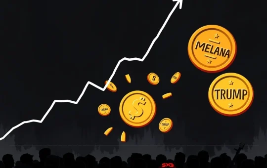 Graphic depicting the catastrophic collapse of Trump-linked memecoins MELANIA and TRUMP, representing a $4.3B investor loss.