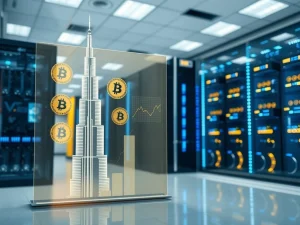 UAE Bitcoin mining profit visualization showing digital growth charts over UAE landmarks