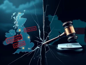 Symbolic representation of US sanctions on cryptocurrency platforms linked to Iran and the resulting market volatility.