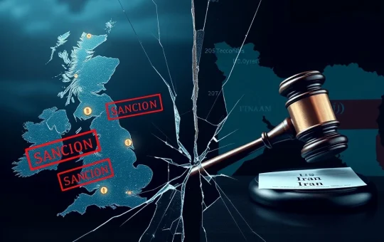 Symbolic representation of US sanctions on cryptocurrency platforms linked to Iran and the resulting market volatility.