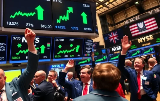 Wall Street trading floor activity during US stocks surge with major indices climbing