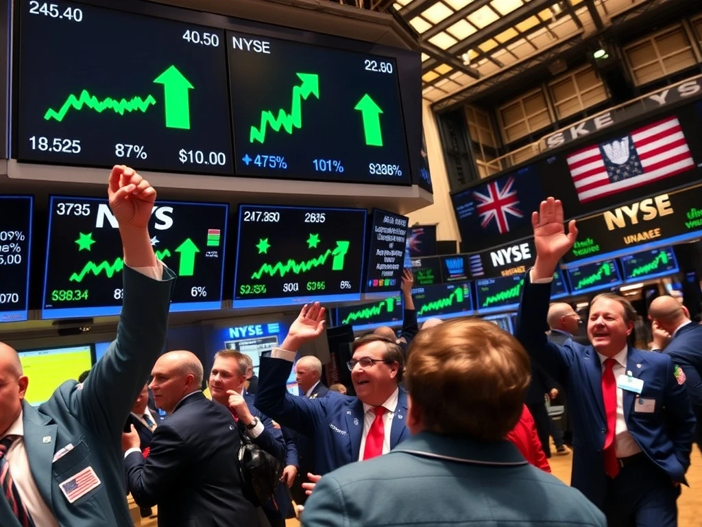 Wall Street trading floor activity during US stocks surge with major indices climbing
