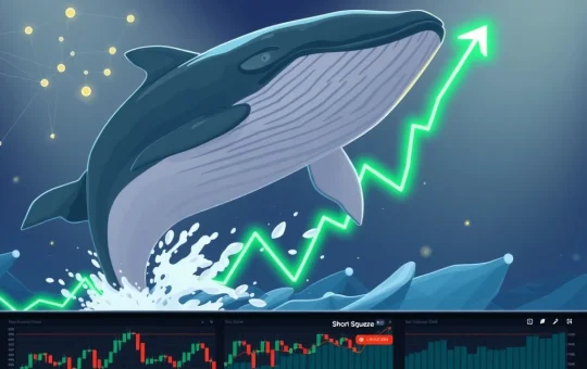 Visual metaphor for WLFI cryptocurrency price surge caused by whale investors and a short squeeze event.
