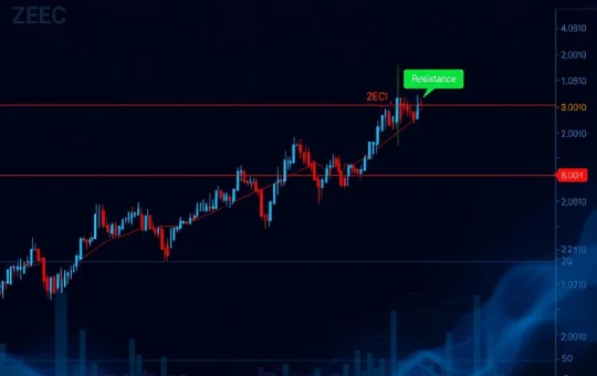 Zcash price chart showing critical resistance test after 40% rally with key support levels marked