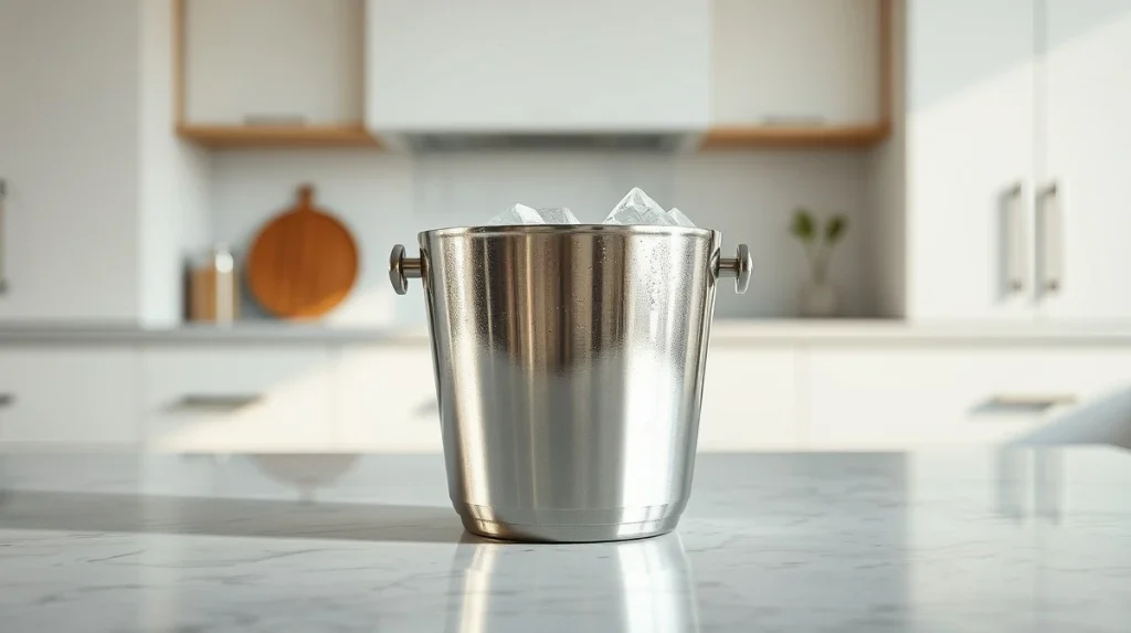 Modern stainless steel ice bucket with condensation, representing 2026 consumer trends in premium drinkware.