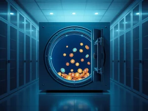 Aave protocol revenue distribution plan visualized as a secure digital vault in a data center.