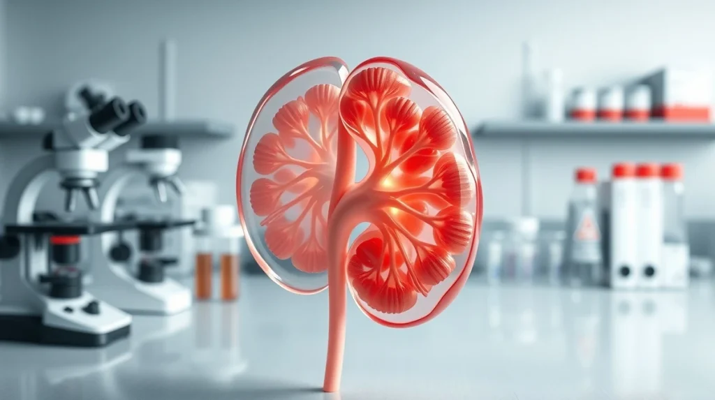 Medical research on Acute Kidney Injury treatment showing detailed kidney anatomy in laboratory setting