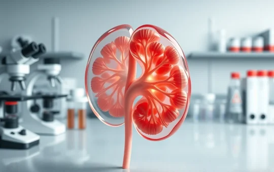 Medical research on Acute Kidney Injury treatment showing detailed kidney anatomy in laboratory setting
