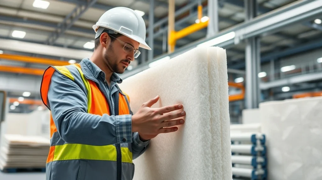 Engineer inspecting fiber-reinforced silica aerogel insulation panel in factory for building code compliance.