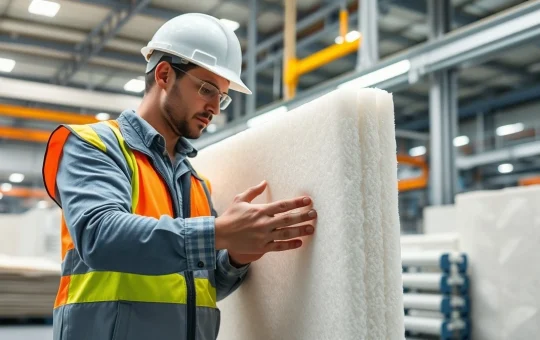 Engineer inspecting fiber-reinforced silica aerogel insulation panel in factory for building code compliance.
