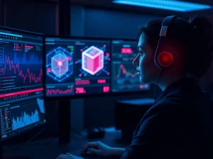 Cybersecurity analyst monitoring AI crypto scam detection systems in a security operations center.