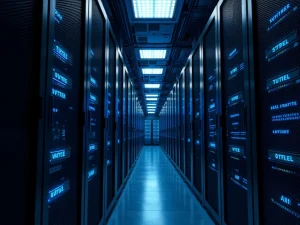 A server rack with glowing nodes representing the infrastructure behind AI cryptocurrency tokens.