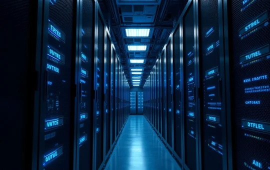 A server rack with glowing nodes representing the infrastructure behind AI cryptocurrency tokens.