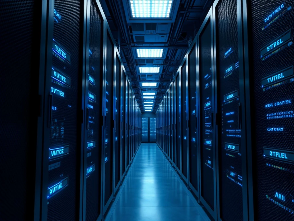 A server rack with glowing nodes representing the infrastructure behind AI cryptocurrency tokens.