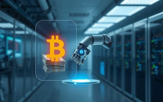 AI robotic arm selecting Bitcoin over fiat currency in research study visualization