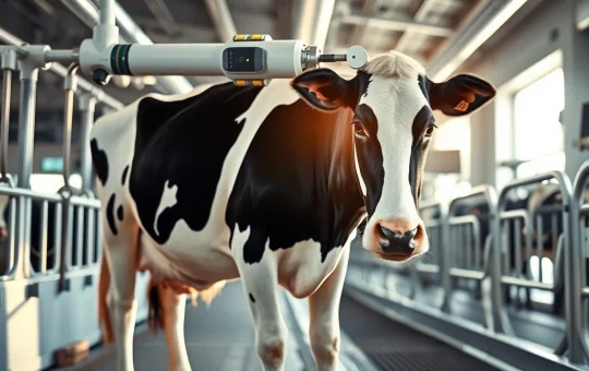 Automated robotic milking system in a modern dairy farm, representing the AI-driven cow milking machine market growth.