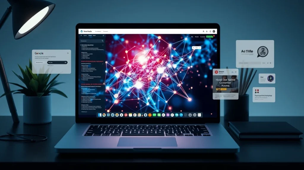 Laptop displaying AI SEO and blockchain visualization for crypto presale marketing.