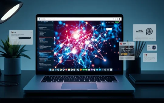 Laptop displaying AI SEO and blockchain visualization for crypto presale marketing.