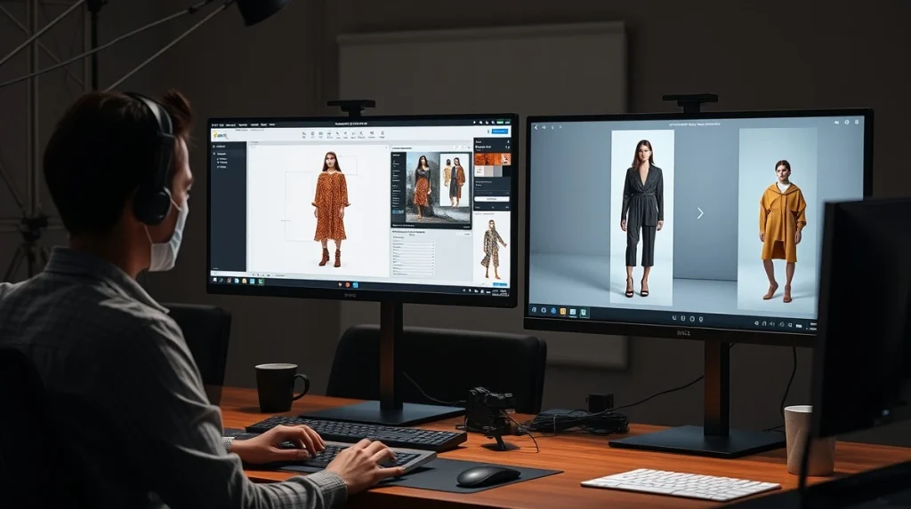 AI fashion design tools on computer screens creating brand-ready visual content for campaigns.