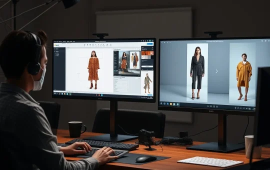 AI fashion design tools on computer screens creating brand-ready visual content for campaigns.