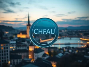 AllUnity CHFAU Swiss franc stablecoin launch as a digital token over Zurich financial district.