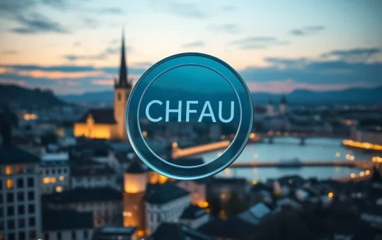 AllUnity CHFAU Swiss franc stablecoin launch as a digital token over Zurich financial district.