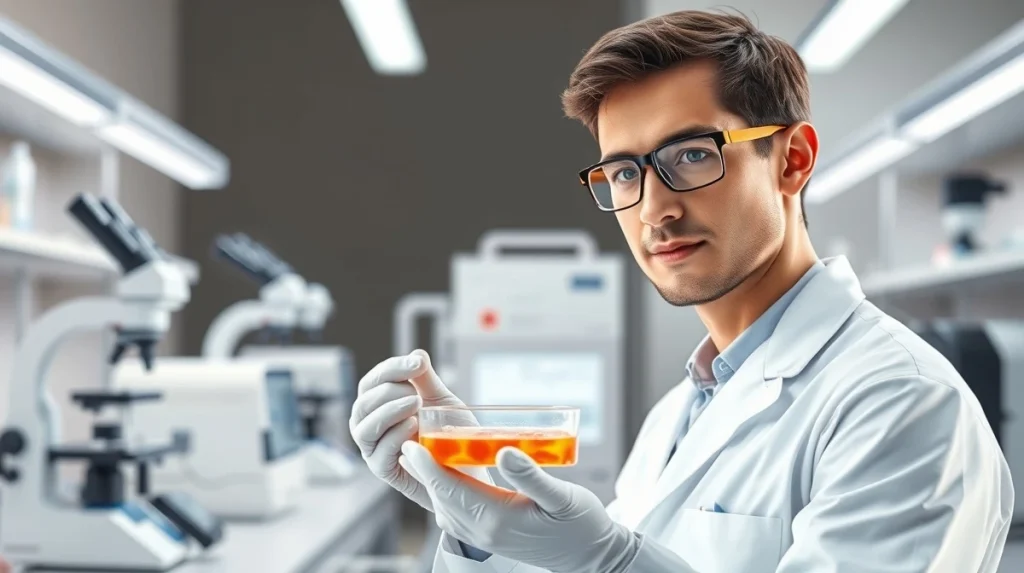 Researcher analyzing leukemia sample in modern laboratory representing AML clinical trial progress