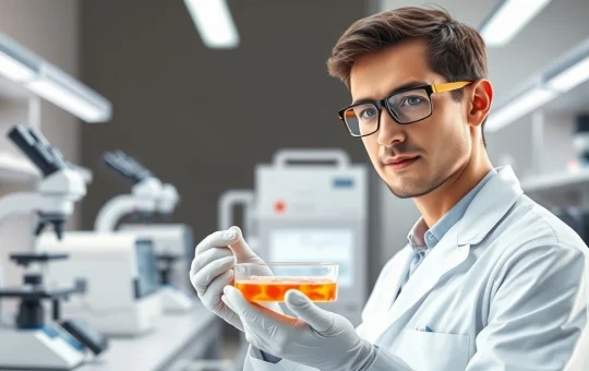 Researcher analyzing leukemia sample in modern laboratory representing AML clinical trial progress