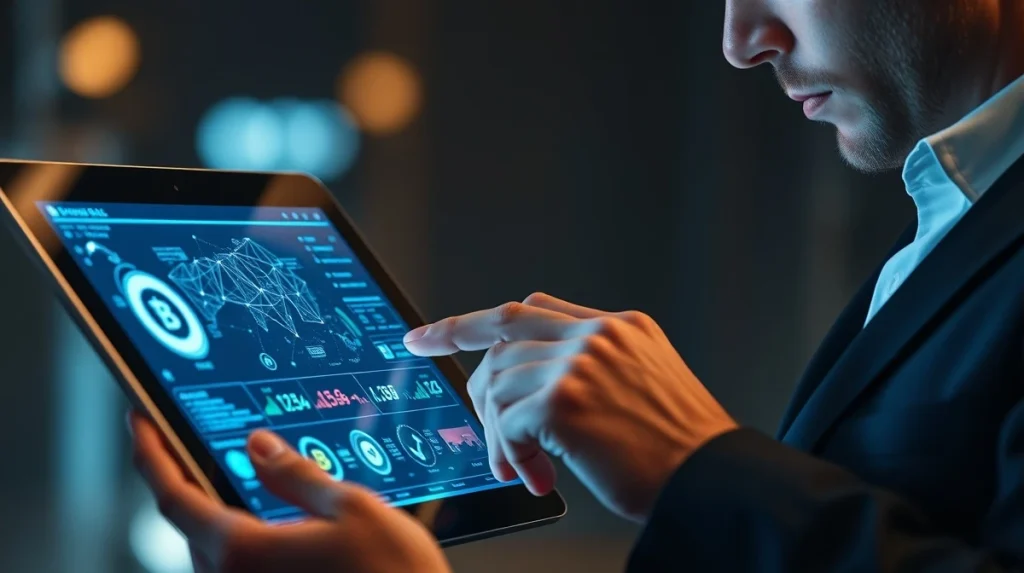 Analyst reviewing APEMARS cryptocurrency presale data on digital tablet